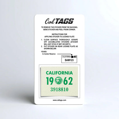 California license plate 1962 year sticker mounted on CalTags display card — YOM Series