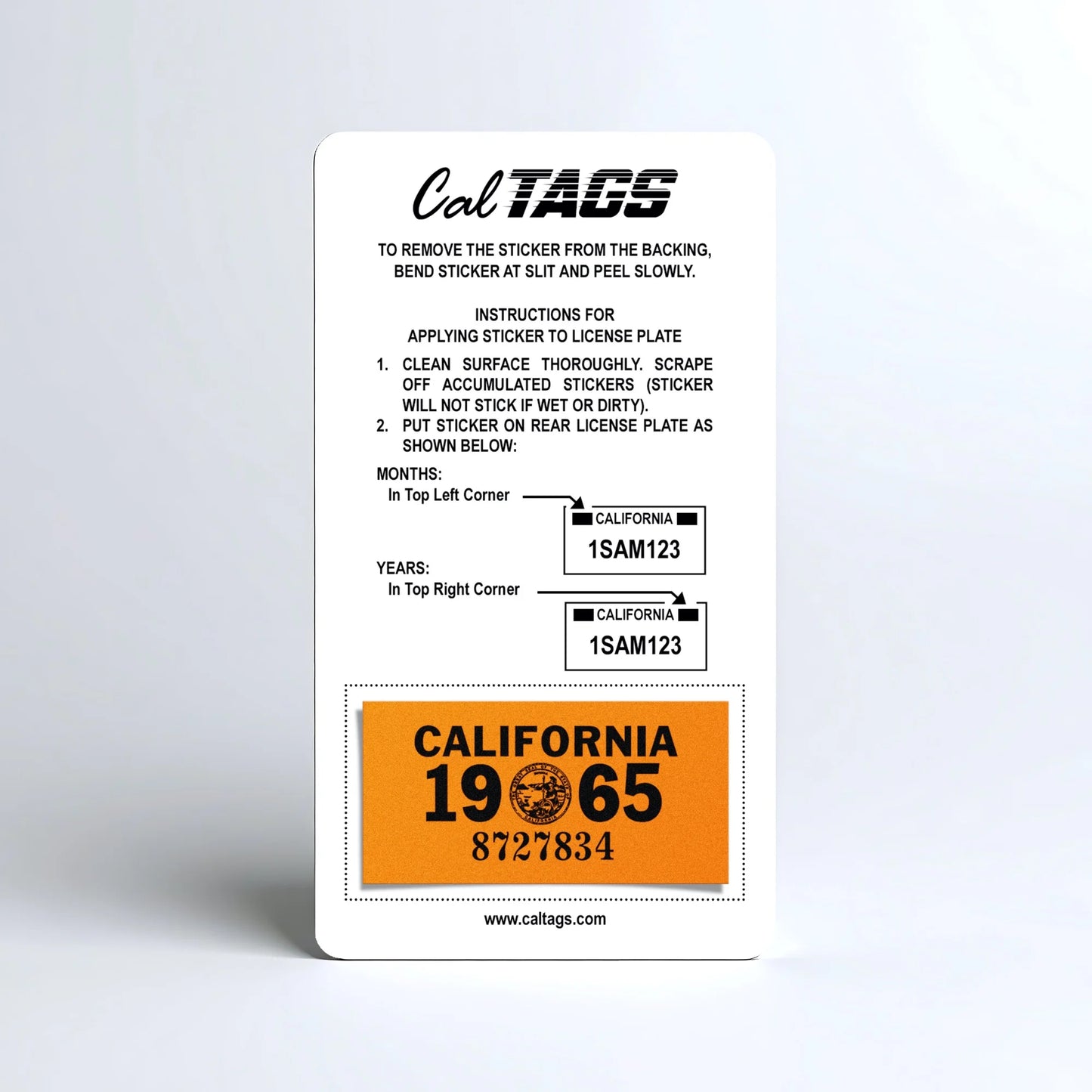 California license plate 1965 year sticker mounted on CalTags display card — YOM Series