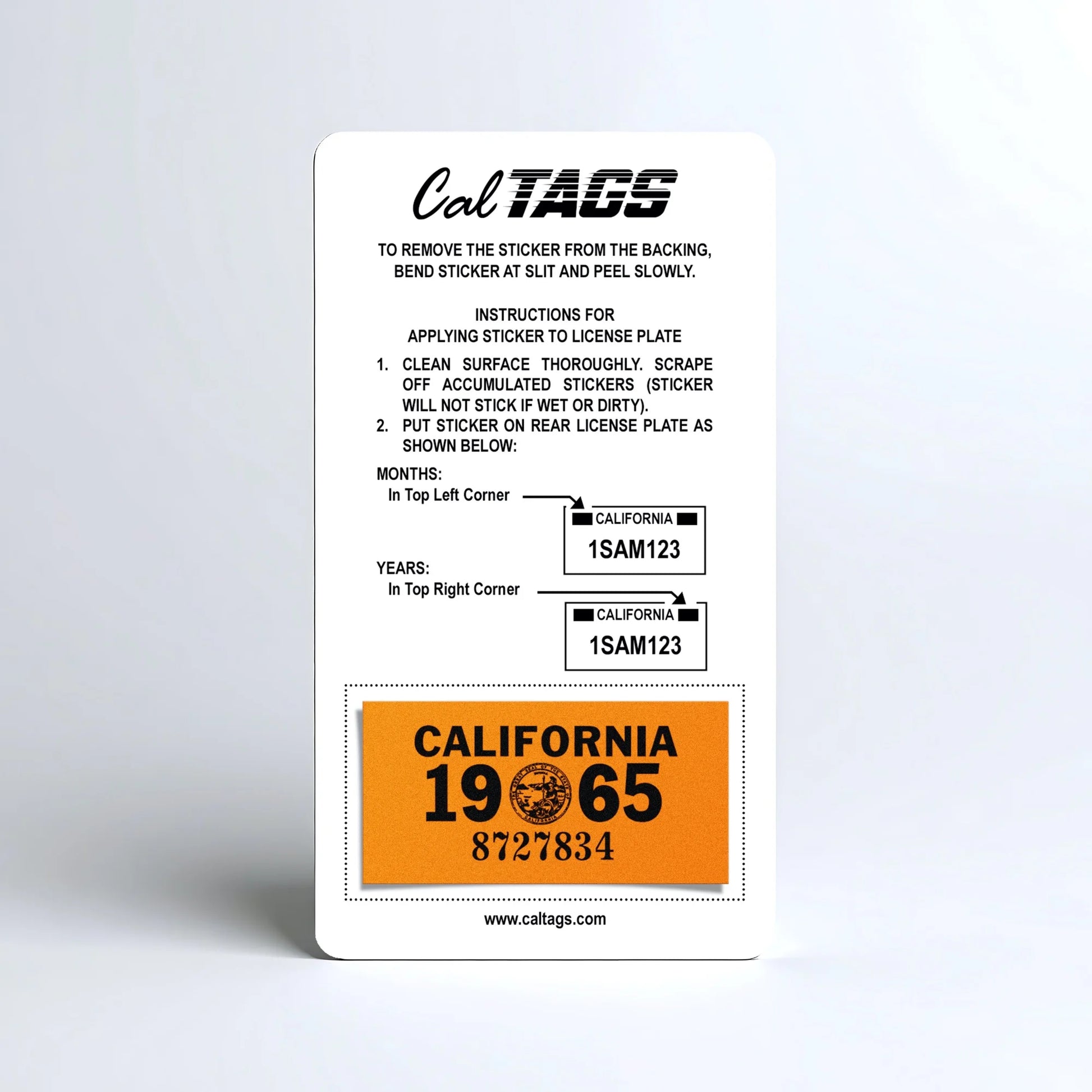 California license plate 1965 year sticker mounted on CalTags display card — YOM Series