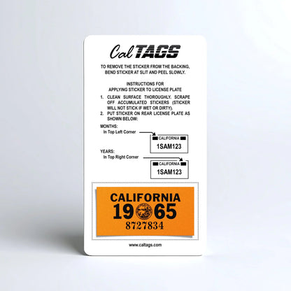 California license plate 1965 year sticker mounted on CalTags display card — YOM Series