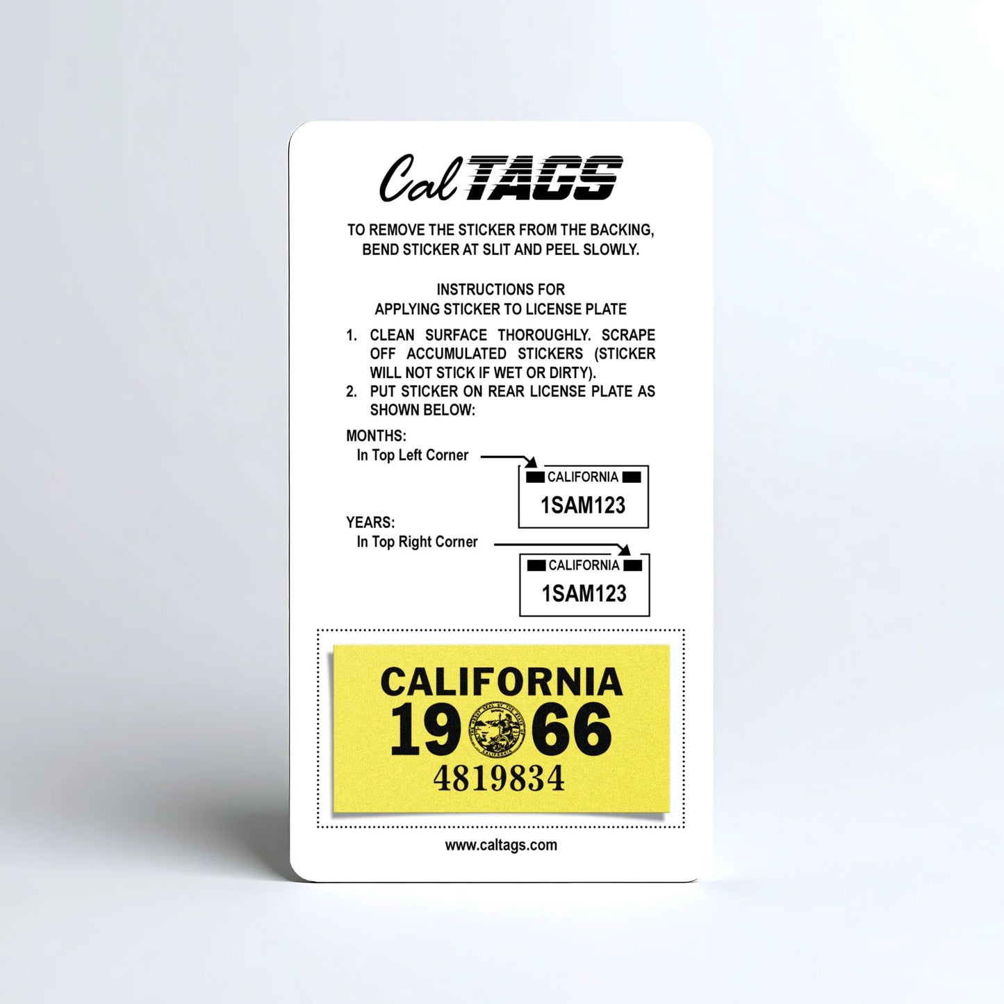 California license plate 1966 year sticker mounted on CalTags display card — YOM Series
