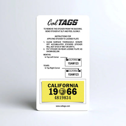 California license plate 1966 year sticker mounted on CalTags display card — YOM Series