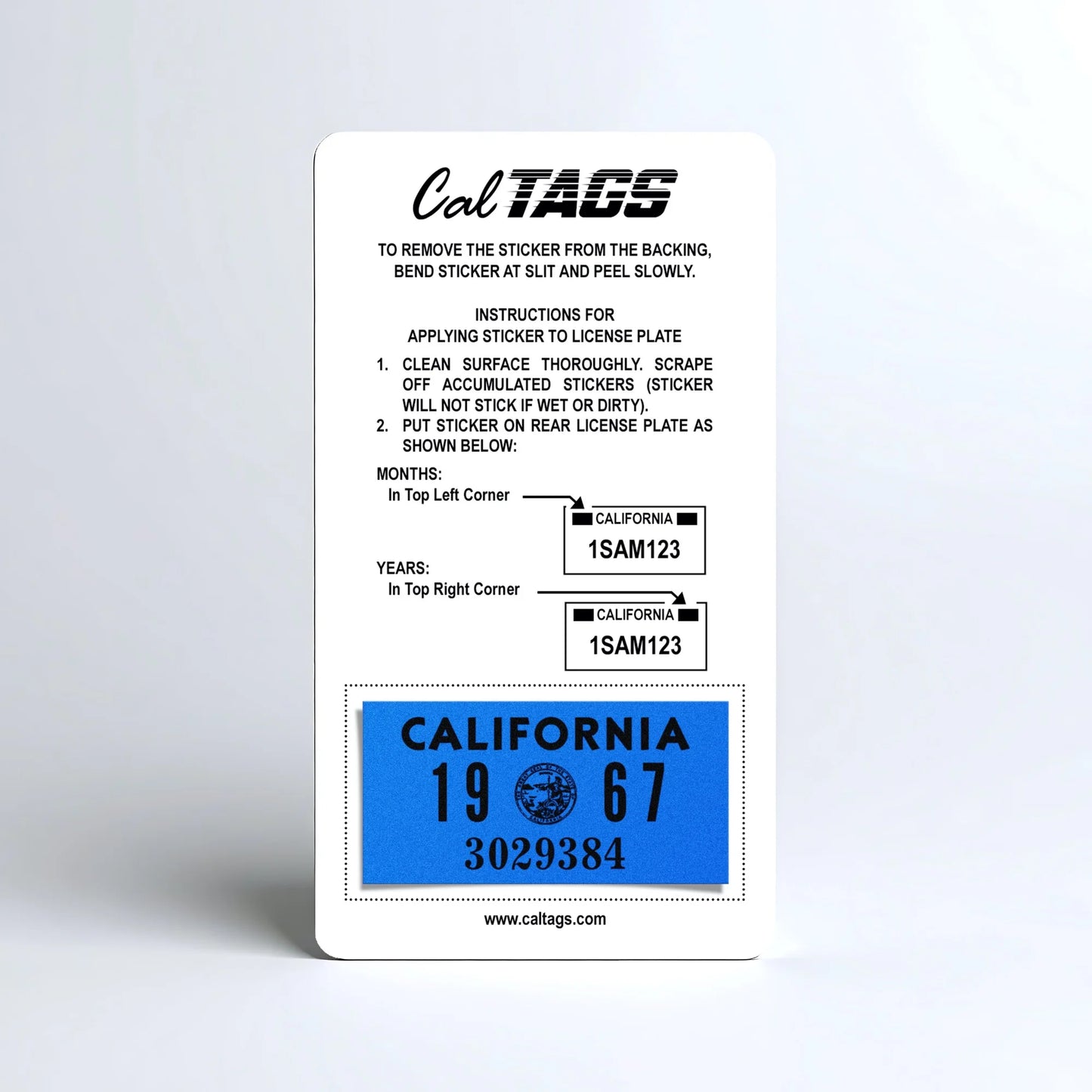 California license plate 1967 year sticker mounted on CalTags display card — YOM Series