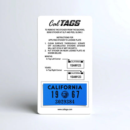 California license plate 1967 year sticker mounted on CalTags display card — YOM Series