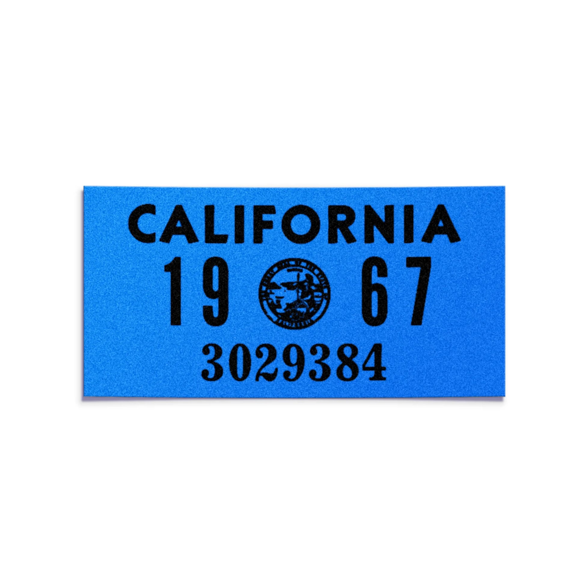 California license plate 1967 year sticker — YOM Series — reproduction shown on white background