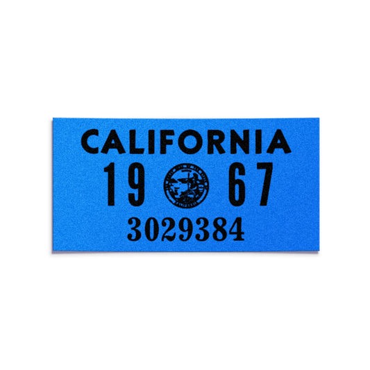 California license plate 1967 year sticker — YOM Series — reproduction shown on white background