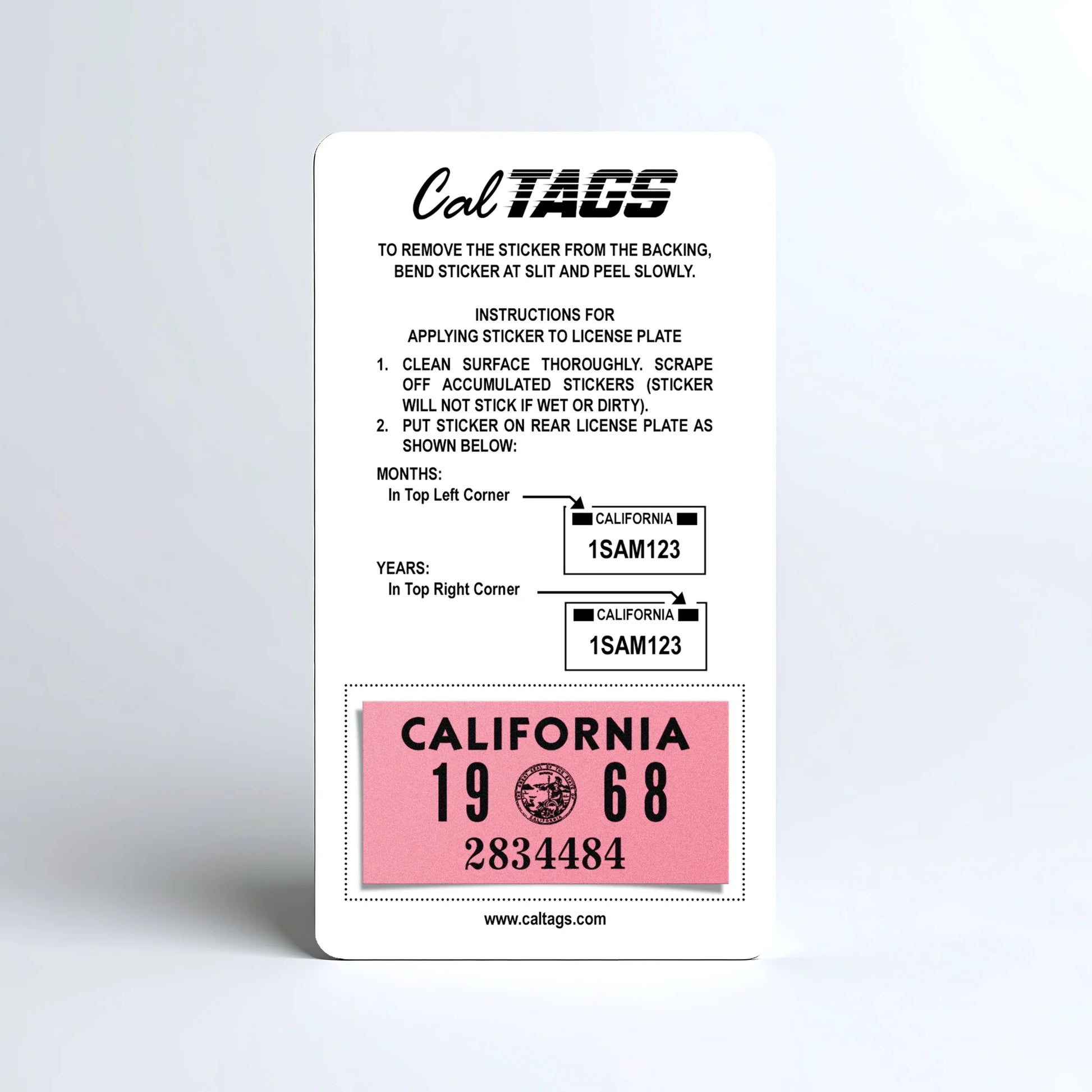 California license plate 1968 year sticker mounted on CalTags display card — YOM Series