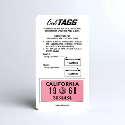 California license plate 1968 year sticker mounted on CalTags display card — YOM Series