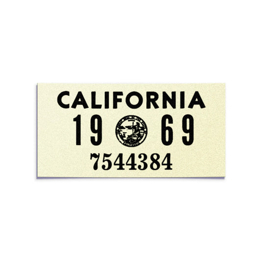 California license plate 1969 year sticker — YOM Series — reproduction shown on white background