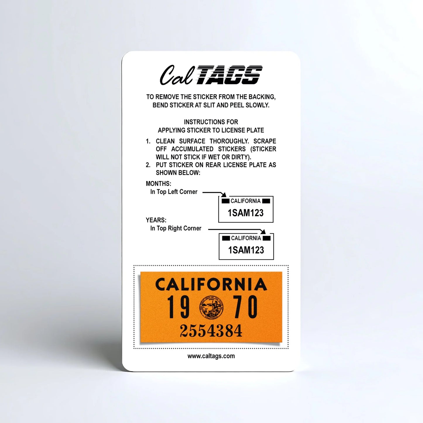 California license plate 1970 year sticker mounted on CalTags display card — YOM Series