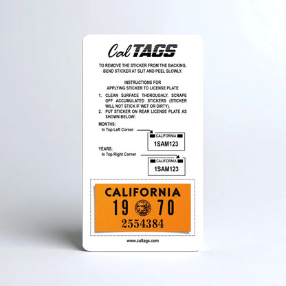 California license plate 1970 year sticker mounted on CalTags display card — YOM Series