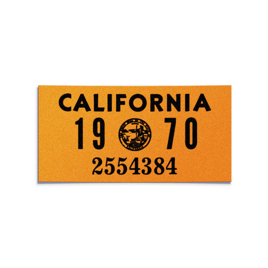 California license plate 1970 year sticker — YOM Series — reproduction shown on white background