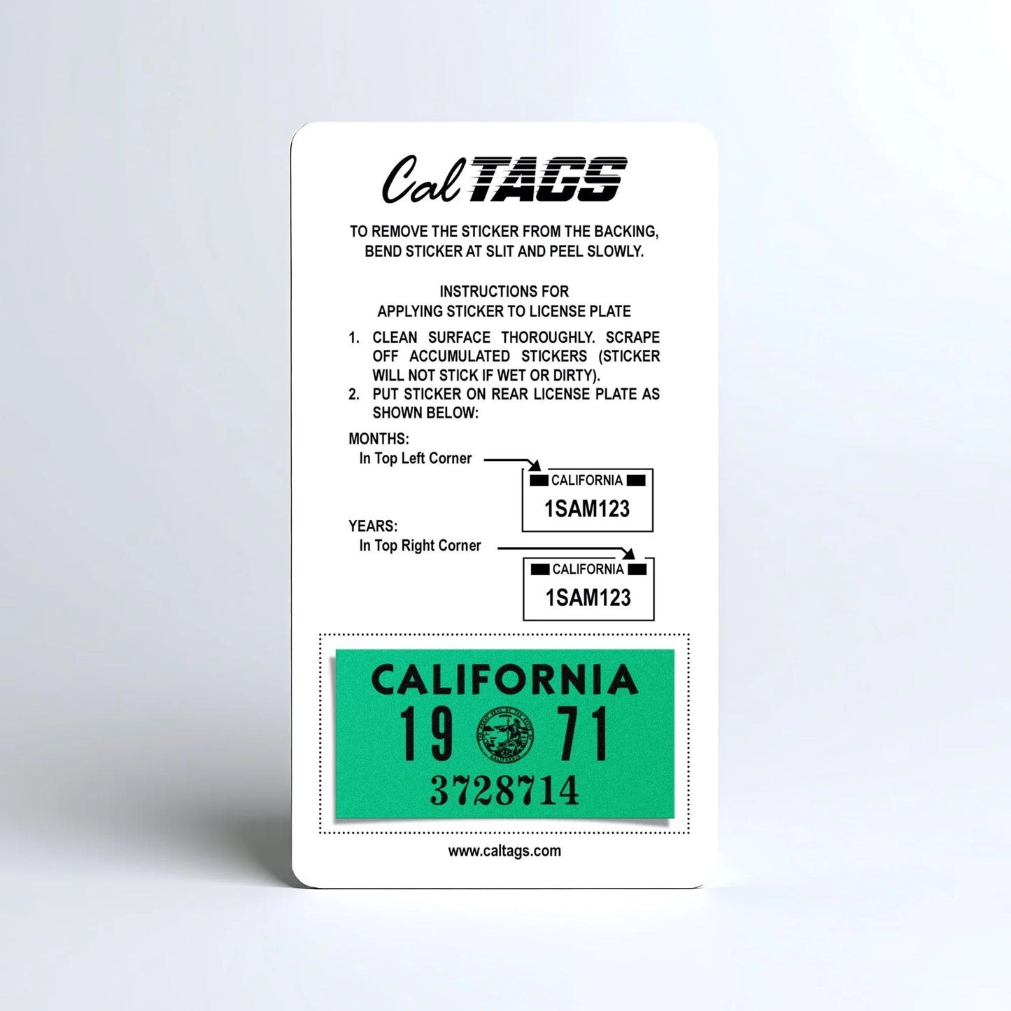 California license plate 1971 year sticker mounted on CalTags display card — YOM Series
