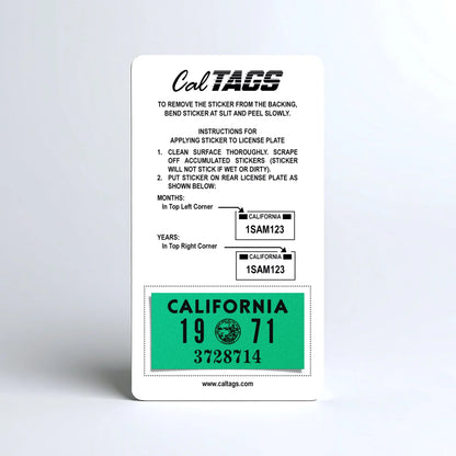 California license plate 1971 year sticker mounted on CalTags display card — YOM Series