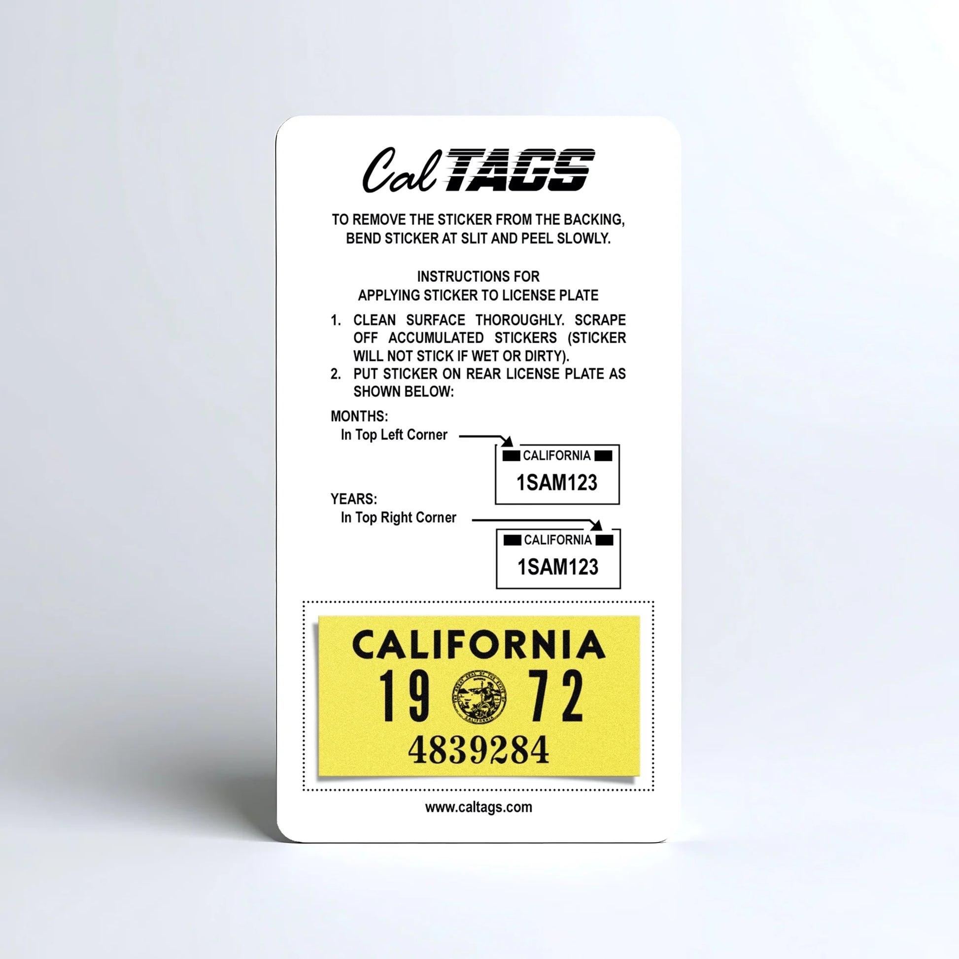 California license plate 1972 year sticker mounted on CalTags display card — YOM Series