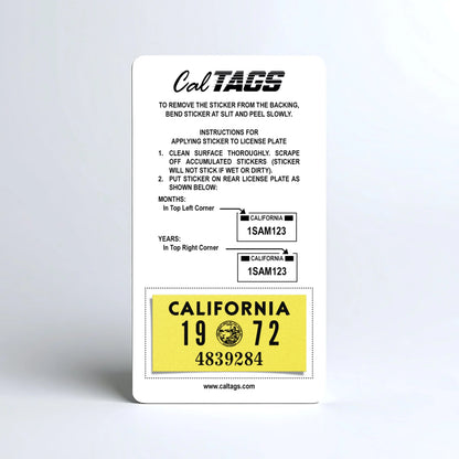 California license plate 1972 year sticker mounted on CalTags display card — YOM Series