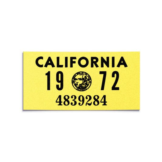 California license plate 1972 year sticker — YOM Series — reproduction shown on white background