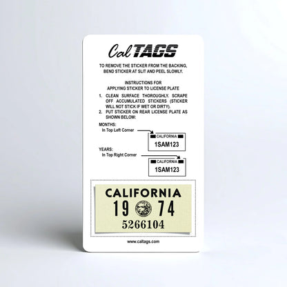 California license plate 1974 year sticker mounted on CalTags display card — YOM Series