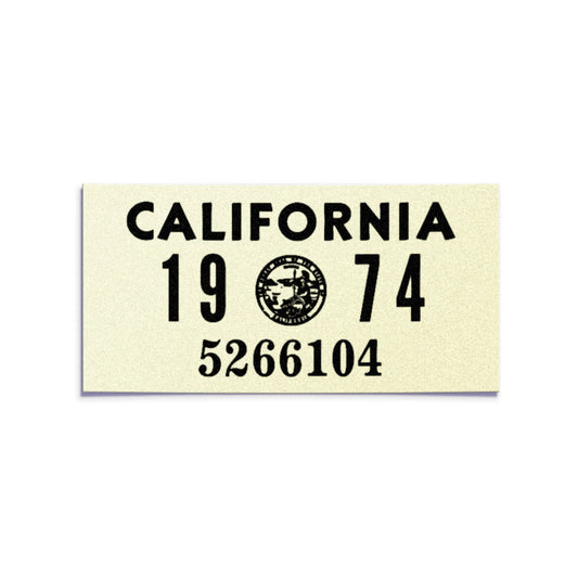 California license plate 1974 year sticker — YOM Series — reproduction shown on white background