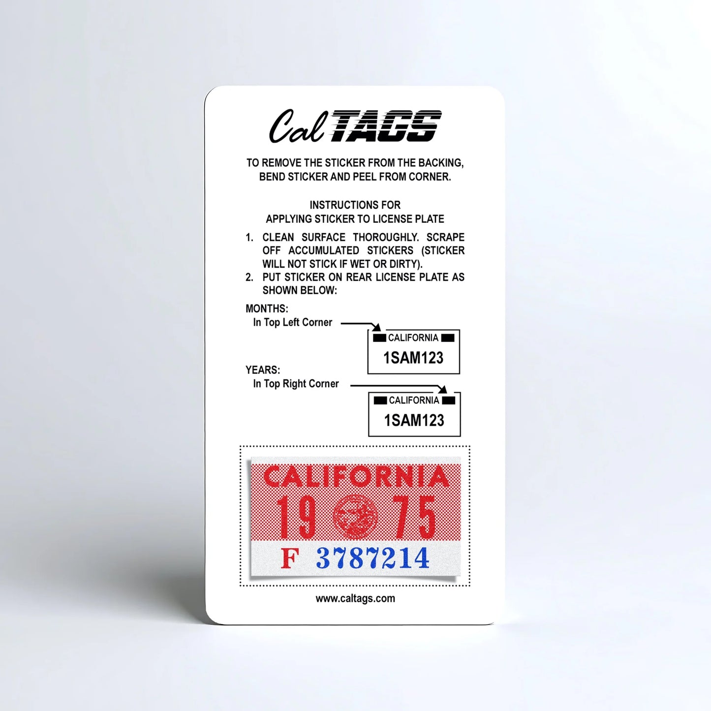 California license plate 1975 year sticker mounted on CalTags display card — YOM Series