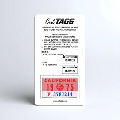 California license plate 1975 year sticker mounted on CalTags display card — YOM Series