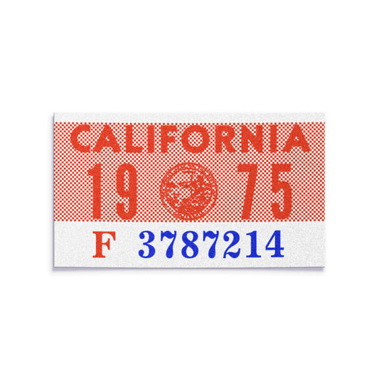 California license plate 1975 year sticker — YOM Series — reproduction shown on white background