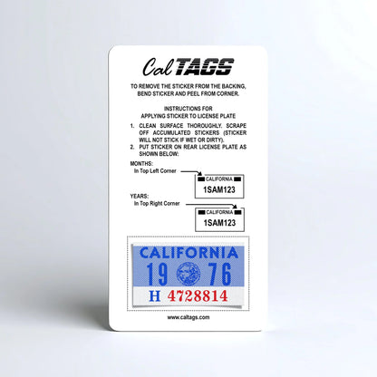 California license plate 1976 year sticker mounted on CalTags display card — YOM Series