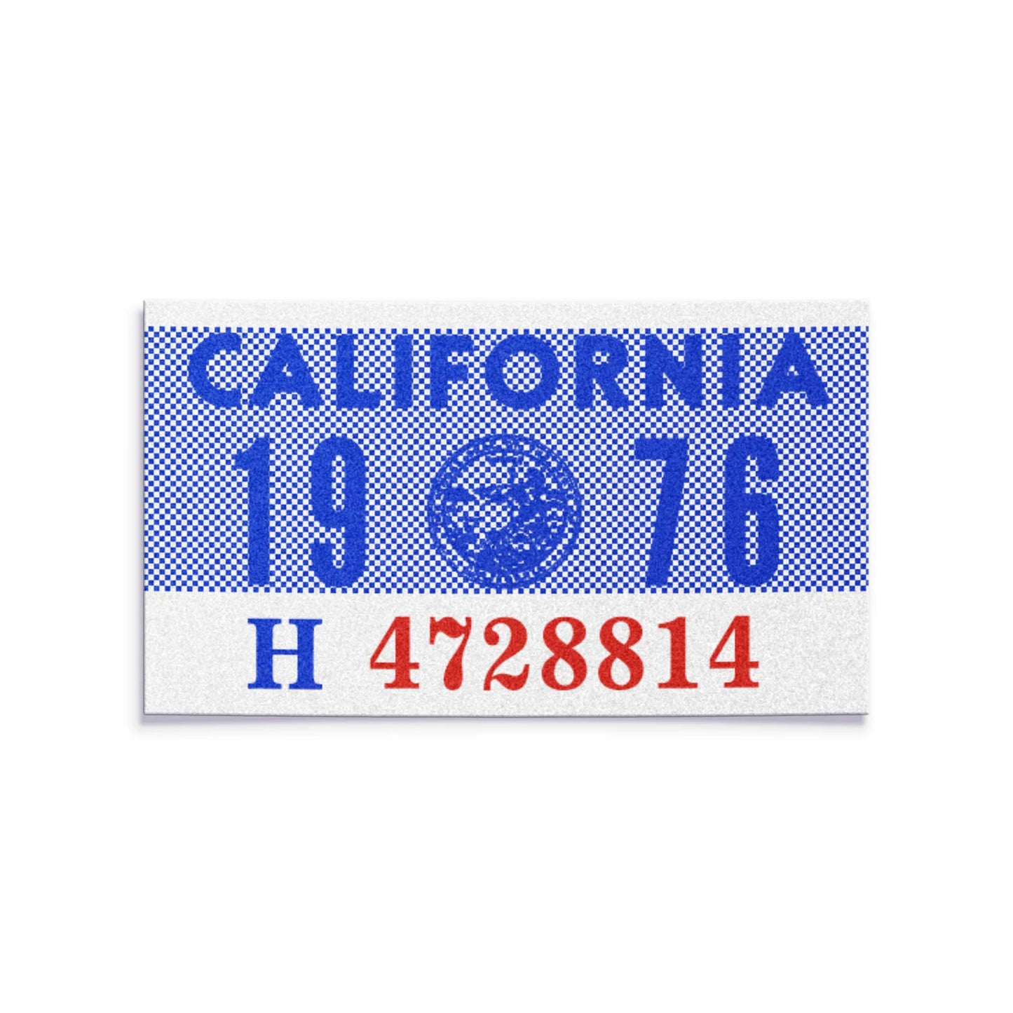 California license plate 1976 year sticker — YOM Series — reproduction shown on white background