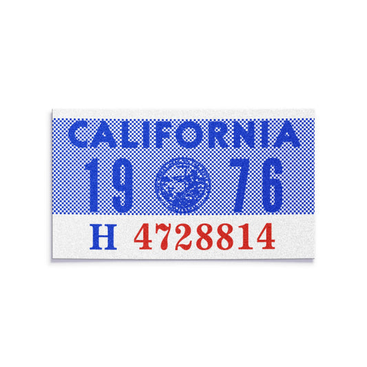 California license plate 1976 year sticker — YOM Series — reproduction shown on white background