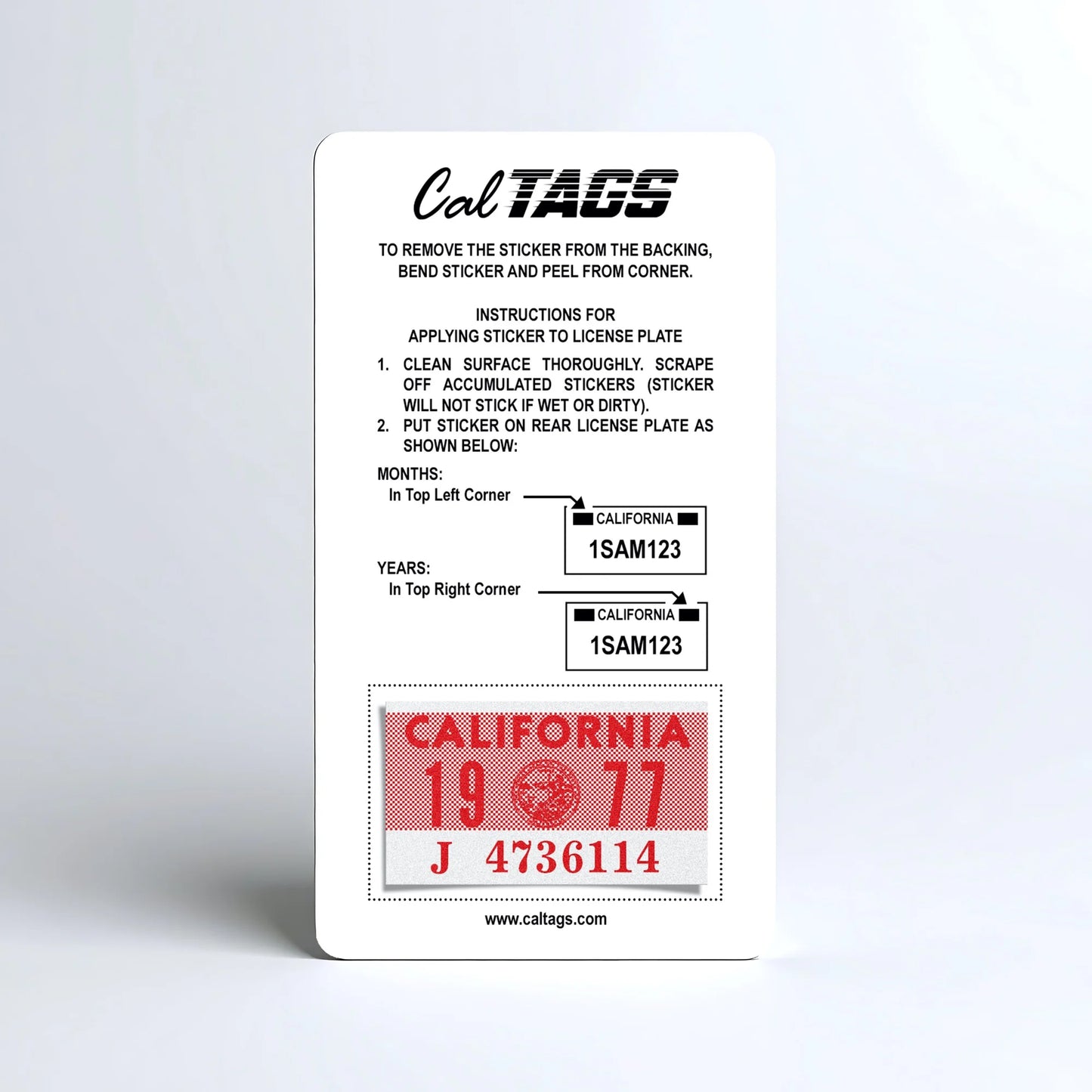 California license plate 1977 year sticker mounted on CalTags display card — YOM Series