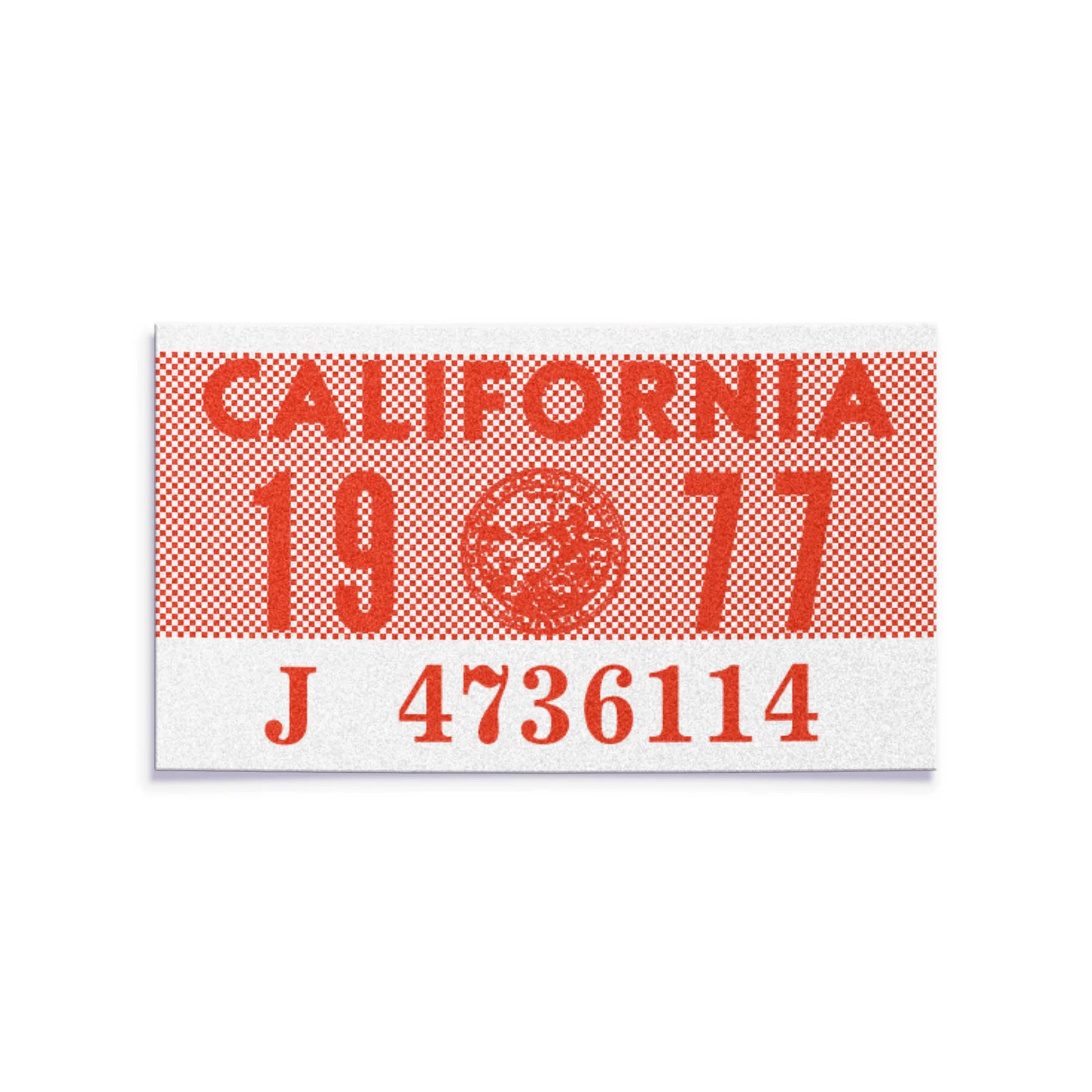 California license plate 1977 year sticker — YOM Series — reproduction shown on white background