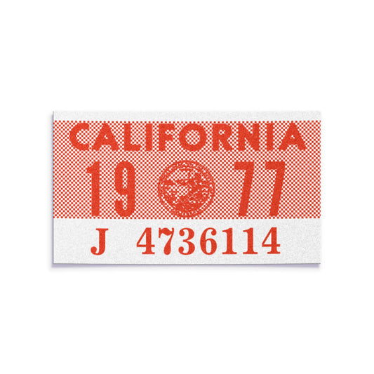California license plate 1977 year sticker — YOM Series — reproduction shown on white background