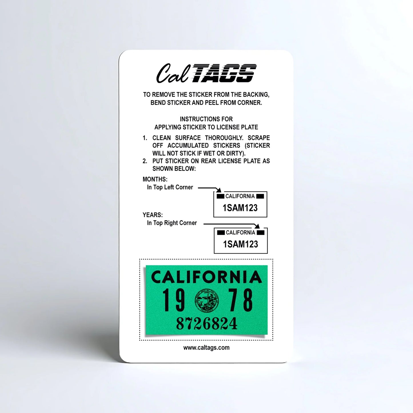 California license plate 1978 year sticker mounted on CalTags display card — YOM Series