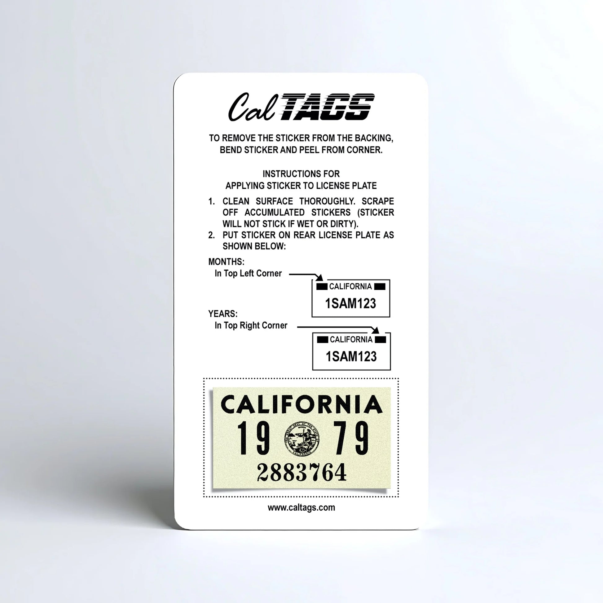 California license plate 1979 year sticker mounted on CalTags display card — YOM Series