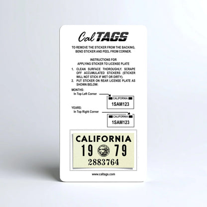 California license plate 1979 year sticker mounted on CalTags display card — YOM Series