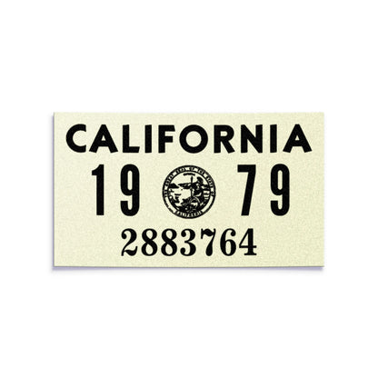 California license plate 1979 year sticker — YOM Series — reproduction shown on white background