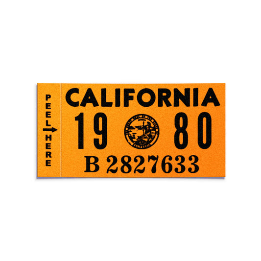 California license plate 1980 year sticker — YOM Series — reproduction shown on white background