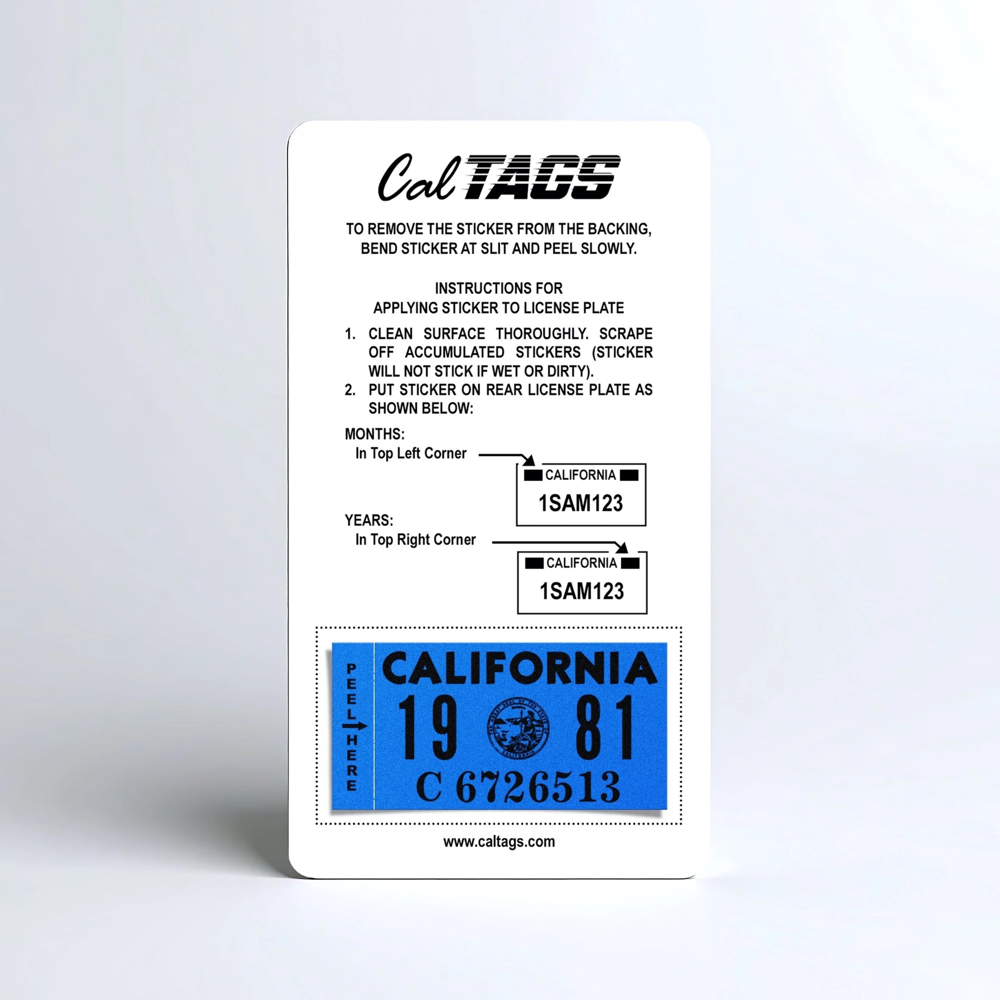 California license plate 1981 year sticker mounted on CalTags display card — Classic Series