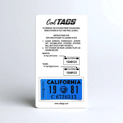 California license plate 1981 year sticker mounted on CalTags display card — Classic Series