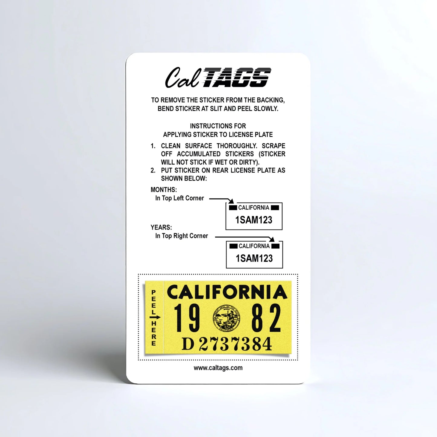 California license plate 1982 year sticker mounted on CalTags display card — Classic Series