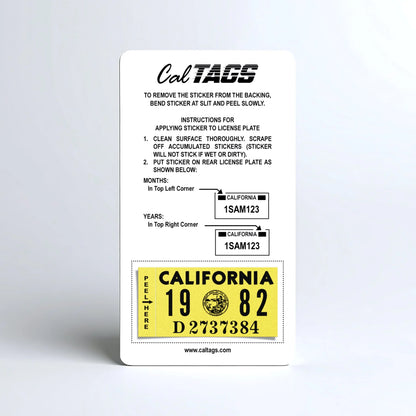 California license plate 1982 year sticker mounted on CalTags display card — Classic Series