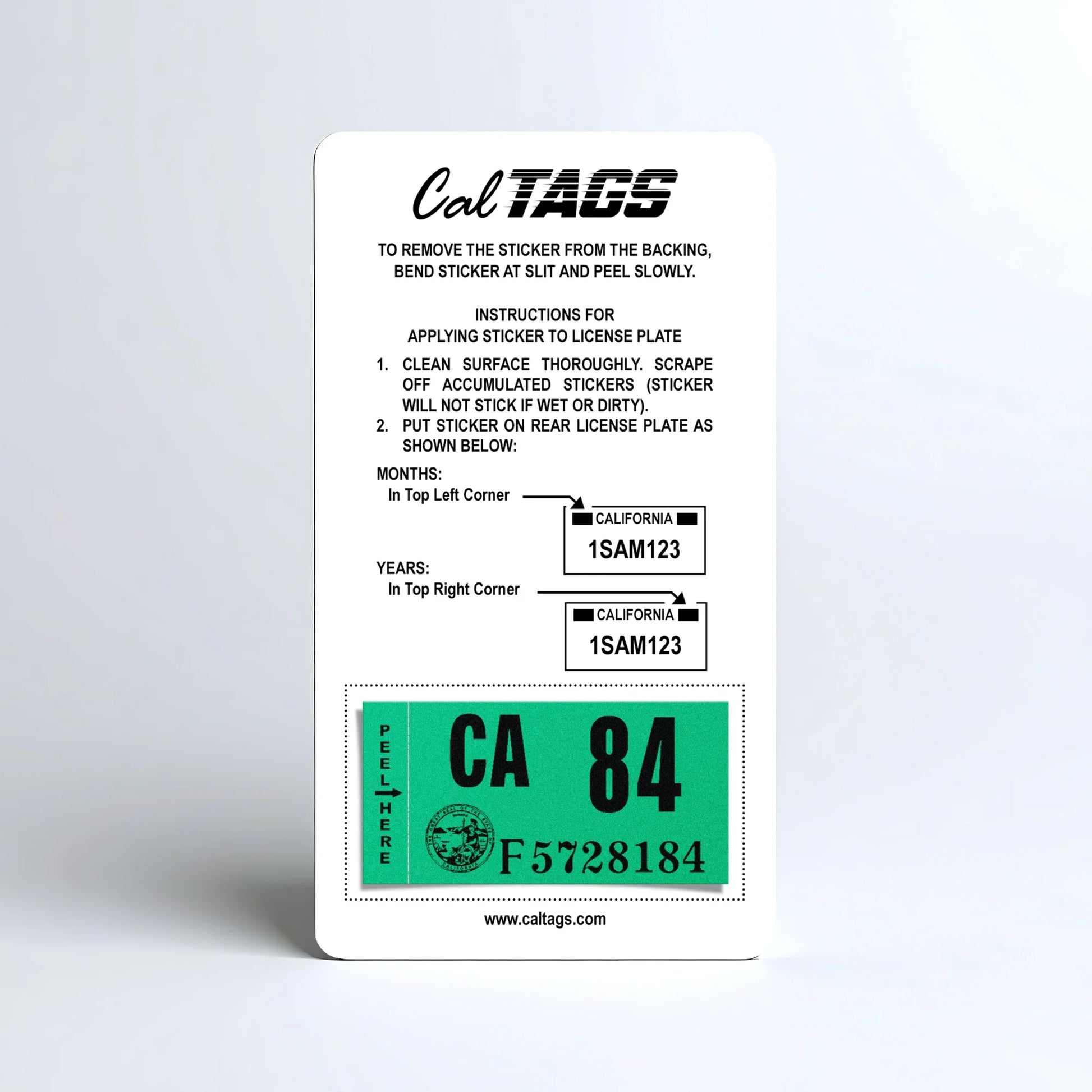 California license plate 1984 year sticker mounted on CalTags display card — Classic Series
