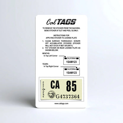 California license plate 1985 year sticker mounted on CalTags display card — Classic Series