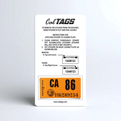 California license plate 1986 year sticker mounted on CalTags display card — Classic Series
