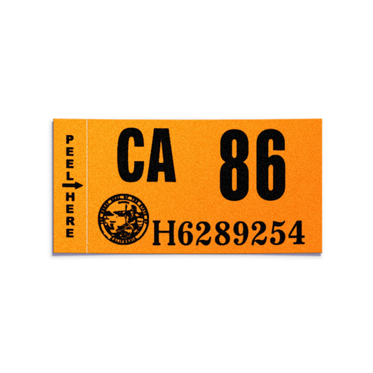 California license plate 1986 year sticker — Classic Series — reproduction shown on white background