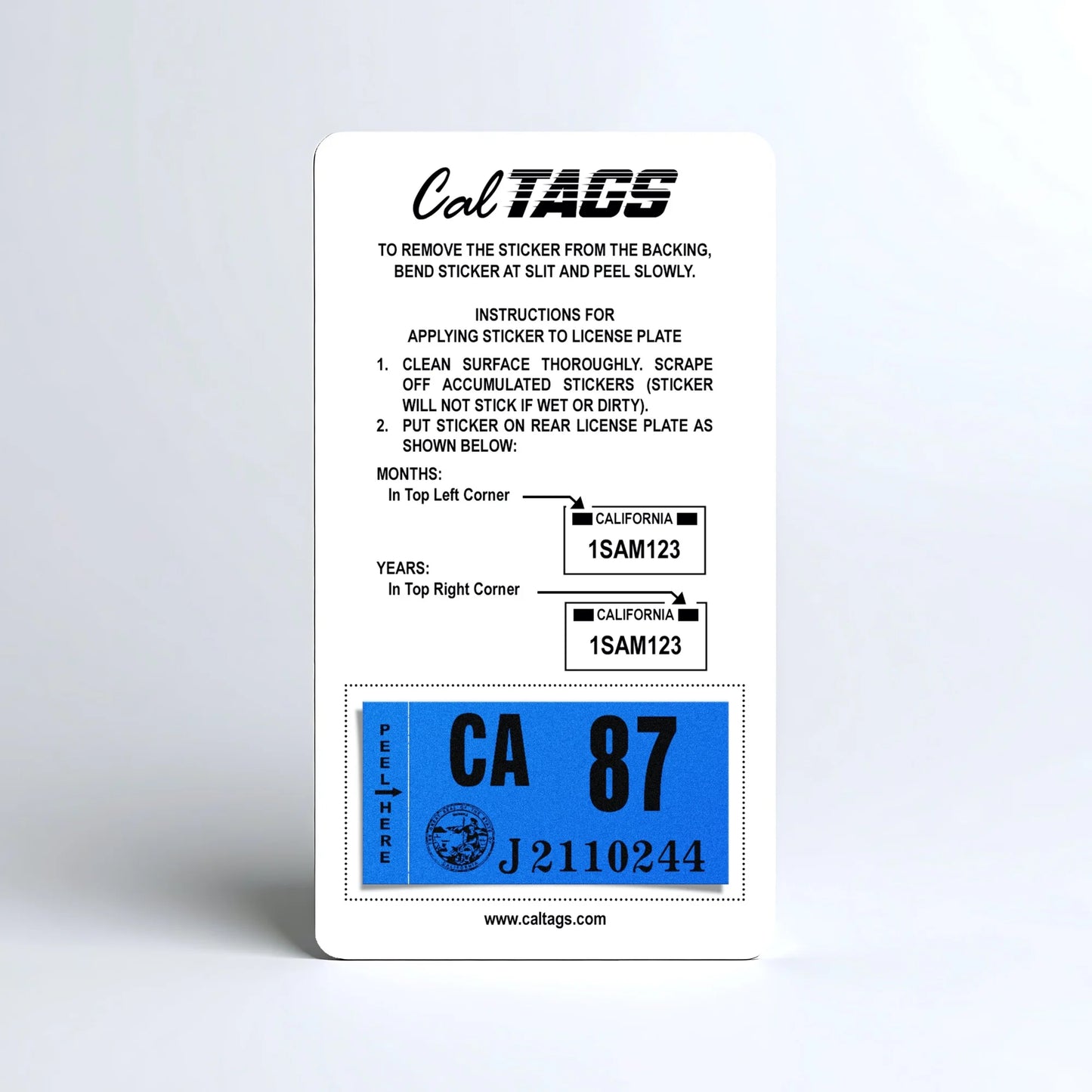 California license plate 1987 year sticker mounted on CalTags display card — Classic Series