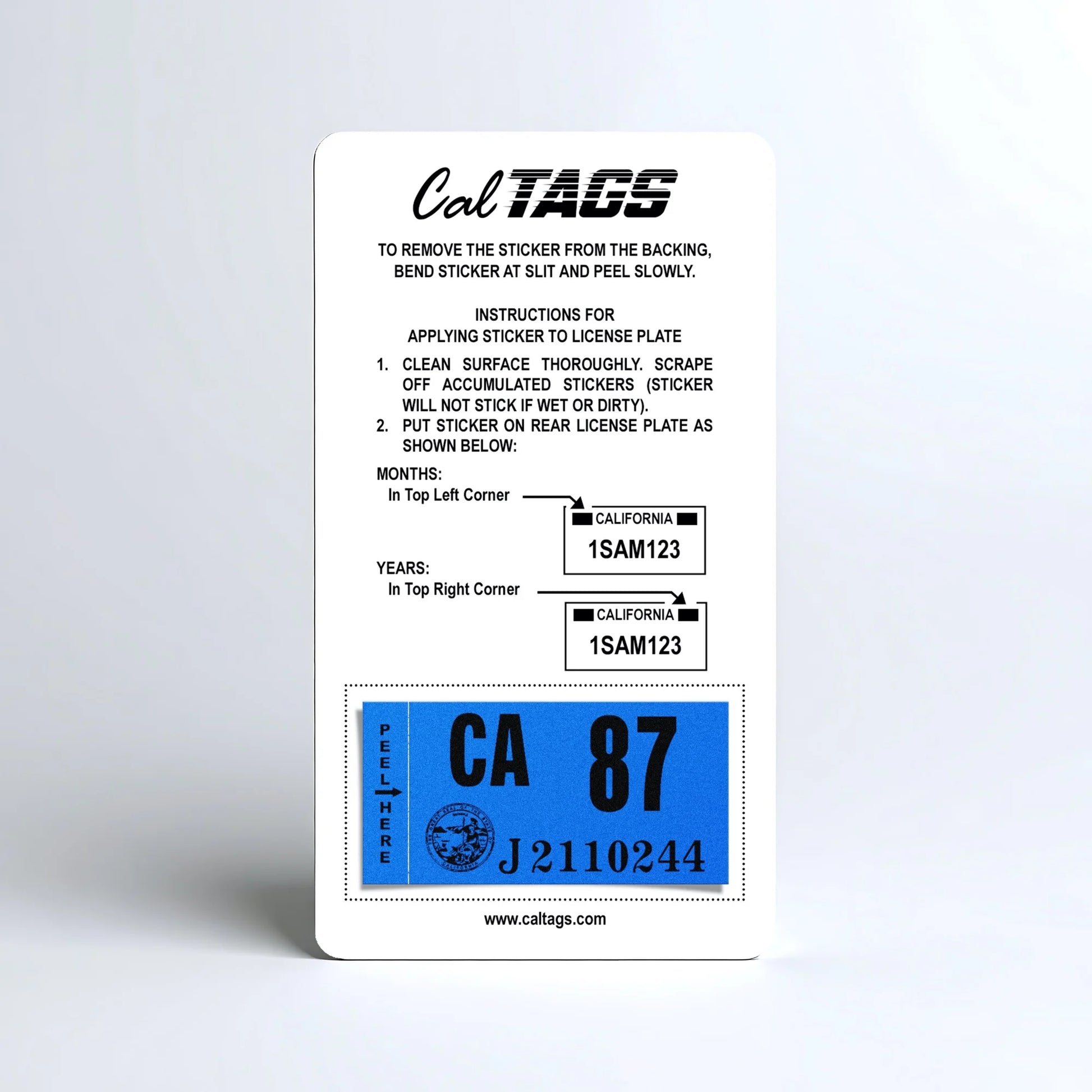 California license plate 1987 year sticker mounted on CalTags display card — Classic Series