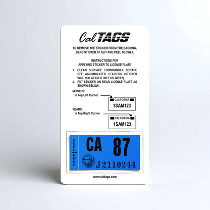 California license plate 1987 year sticker mounted on CalTags display card — Classic Series