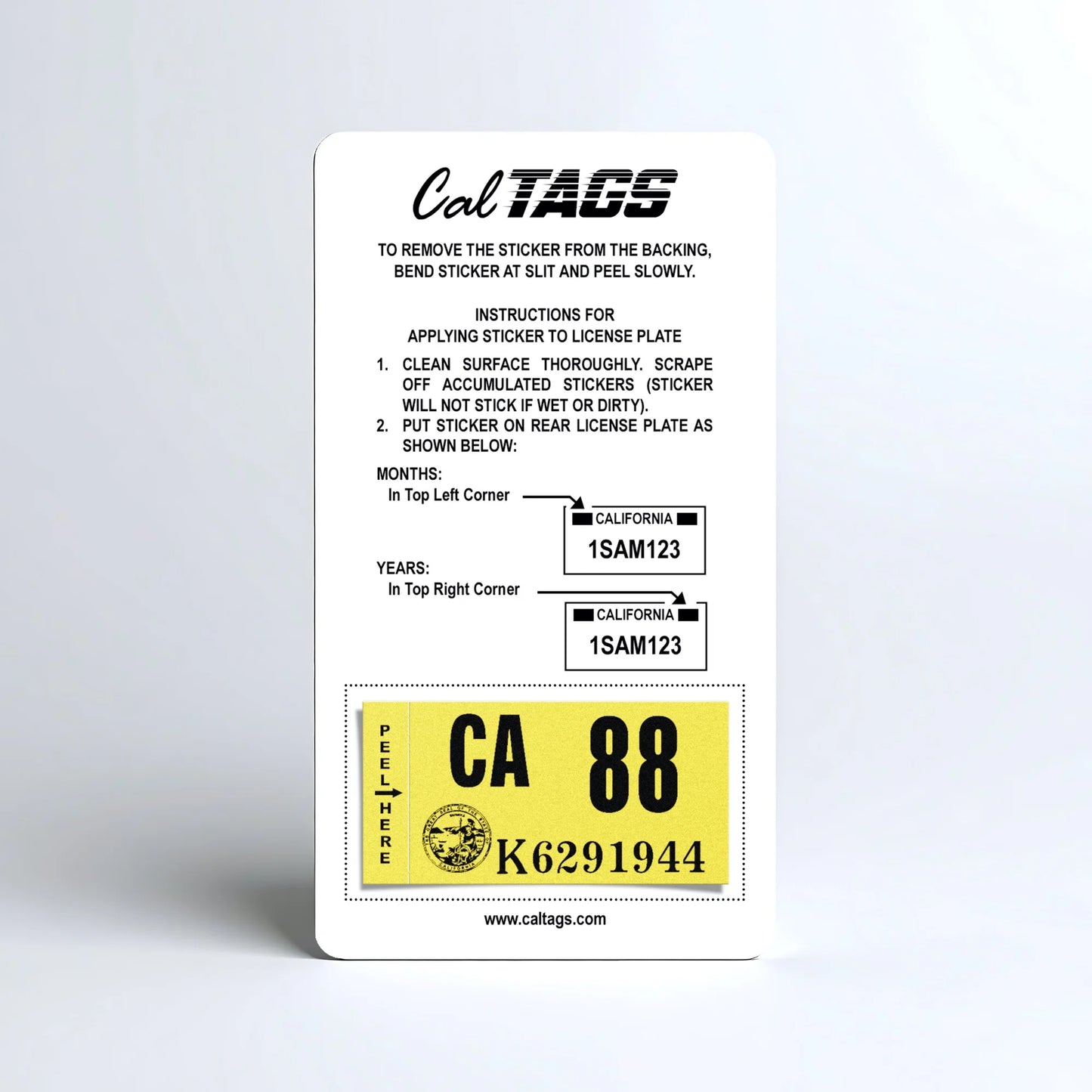 California license plate 1988 year sticker mounted on CalTags display card — Classic Series