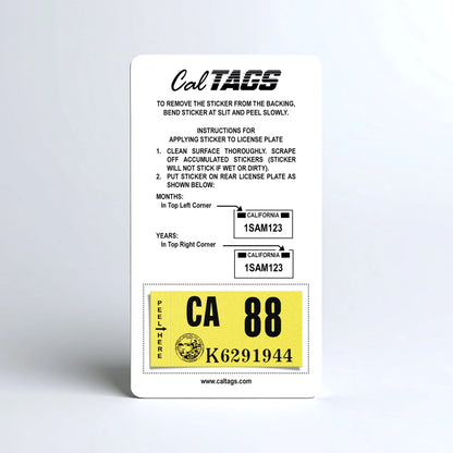 California license plate 1988 year sticker mounted on CalTags display card — Classic Series